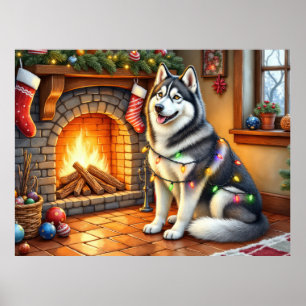 Alaskan Malamute Haard met Kerstverlichting Poster