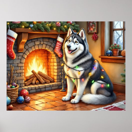 Alaskan Malamute Haard met Kerstverlichting Poster (Voorkant)
