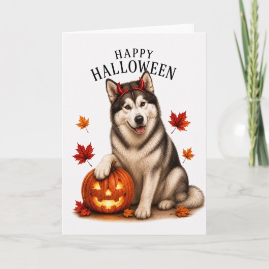 Alaskan Malamute Halloween Duivels Hond Kaart (Voorkant)