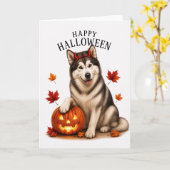 Alaskan Malamute Halloween Duivels Hond Kaart (Gele Bloem)