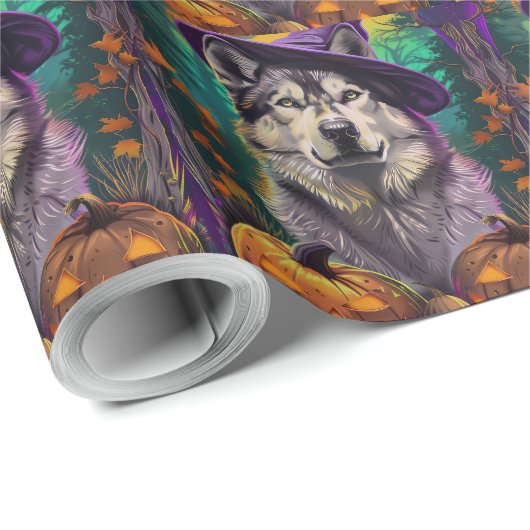 Alaskan Malamute Halloween Heks en Pompoen Cadeaupapier (Rol Hoek)
