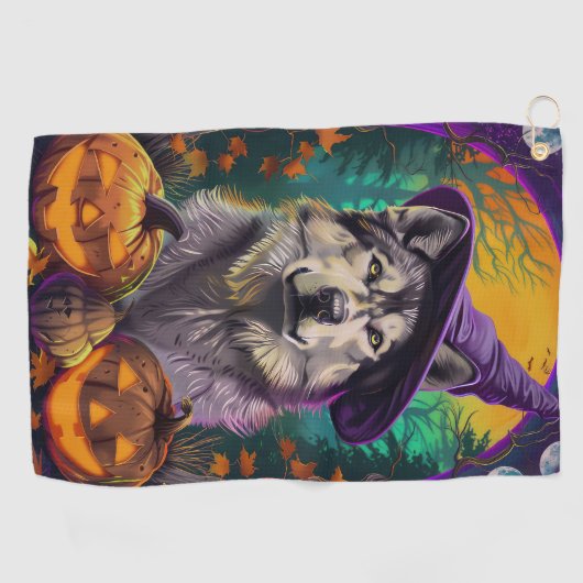 Alaskan Malamute Halloween Heks en Pompoen Golfhanddoek (Horizontaal)
