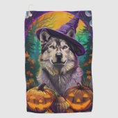 Alaskan Malamute Halloween Heks en Pompoen Golfhanddoek (Voorkant)