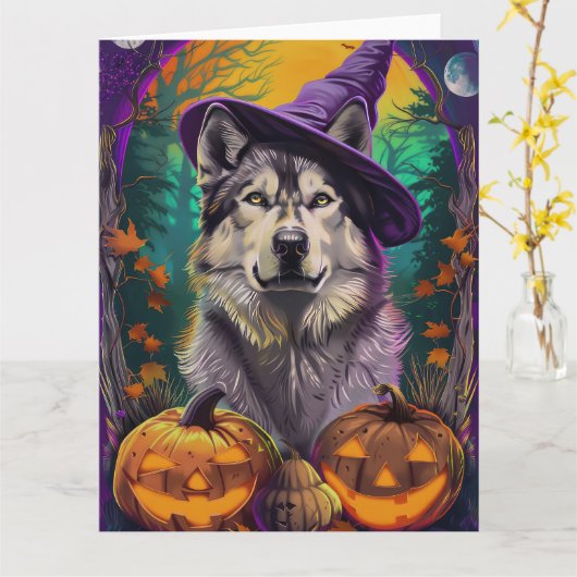 Alaskan Malamute Halloween Heks en Pompoen Kaart (Gele Bloem)