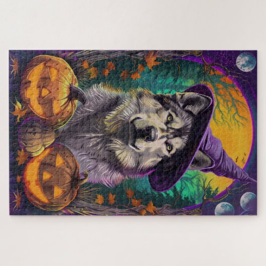 Alaskan Malamute Halloween Heks en Pompoen Legpuzzel (Horizontaal)
