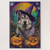 Alaskan Malamute Halloween Heks en Pompoen Legpuzzel (Verticaal)