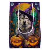 Alaskan Malamute Halloween Heks en Pompoen Medium Cadeauzakje (Achterkant)