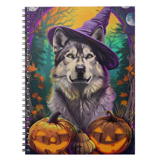 Alaskan Malamute Halloween Heks en Pompoen Notitieboek (Voorkant)