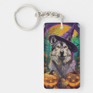 Alaskan Malamute Halloween Heks en Pompoen Sleutelhanger
