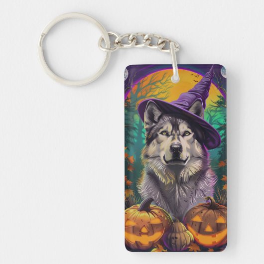 Alaskan Malamute Halloween Heks en Pompoen  Sleutelhanger (Voorkant)