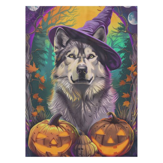 Alaskan Malamute Halloween Heks en Pompoen Tafelkleed (Voorkant)