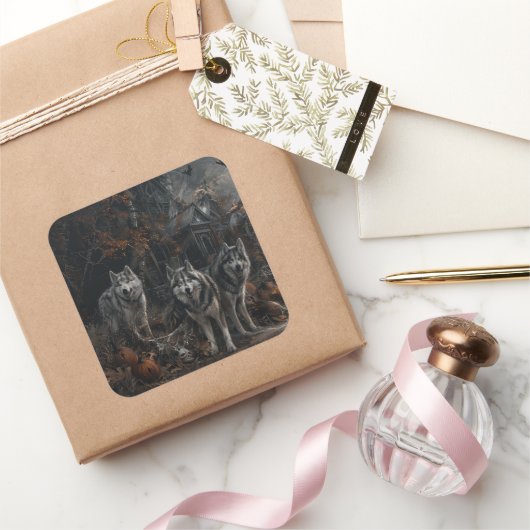 Alaskan Malamute Halloween Nacht Doggy Delight Vierkante Sticker (Geschenken)