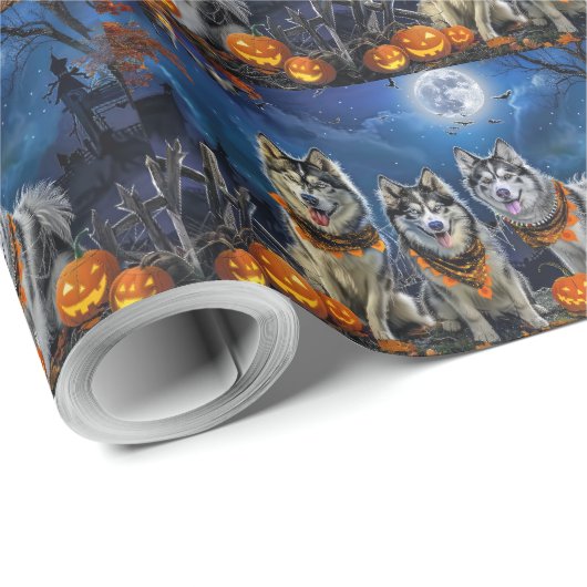 Alaskan Malamute Halloween Spooky Cadeaupapier (Rol Hoek)