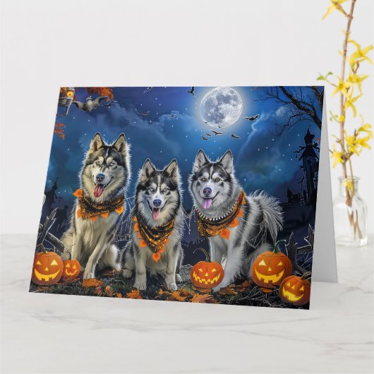 Alaskan Malamute Halloween Spooky Kaart (Gele Bloem)