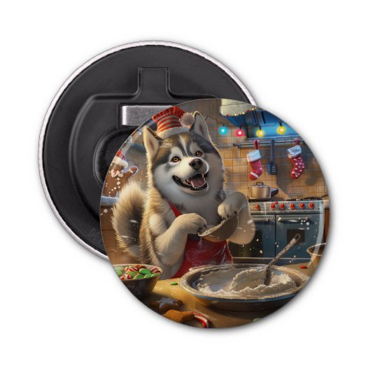 Alaskan Malamute Holiday Baking: Feestelijke Kerst Button Flesopener (Voorkant)