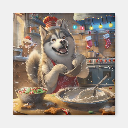 Alaskan Malamute Holiday Baking: Feestelijke Kerst Magneet (Voorkant)