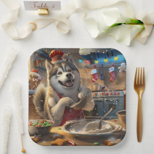 Alaskan Malamute Holiday Baking: Feestelijke Kerst Papieren Bordje