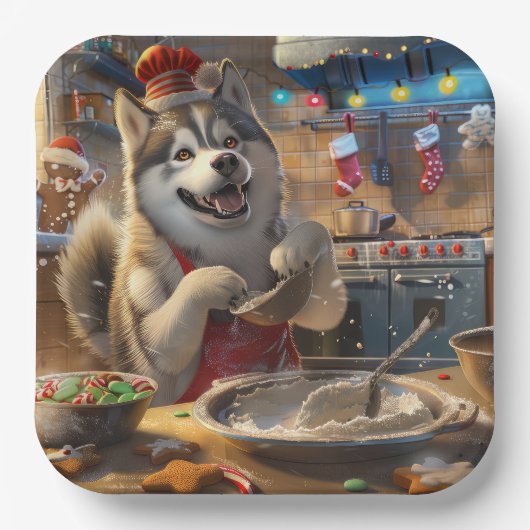 Alaskan Malamute Holiday Baking: Feestelijke Kerst Papieren Bordje (Voorkant)