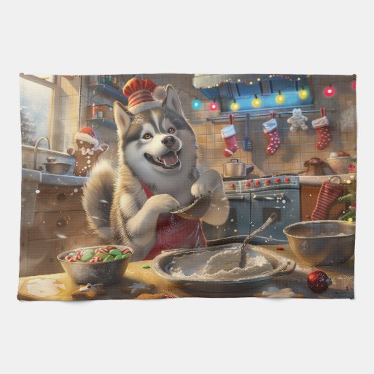 Alaskan Malamute Holiday Baking: Feestelijke Kerst Theedoek (Horizontaal)