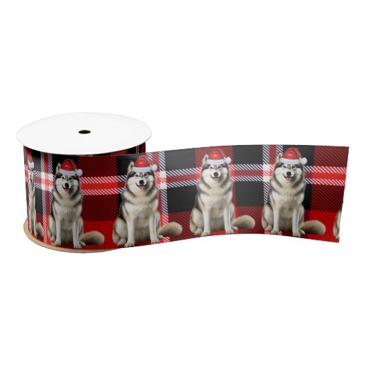 Alaskan Malamute Holiday Plaid Funny Dog Christmas Satijnen Lint (Spoel)