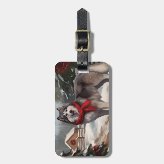 Alaskan Malamute Hond in Sneeuw Kerstmis Bagagelabel (Voorkant verticaal)