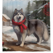 Alaskan Malamute Hond in Sneeuw Kerstmis Douchegordijn (Voorkant)