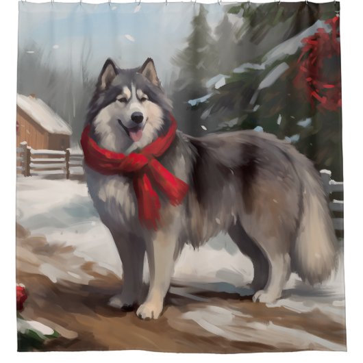 Alaskan Malamute Hond in Sneeuw Kerstmis Douchegordijn (Voorkant)