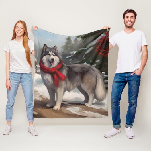 Alaskan Malamute Hond in Sneeuw Kerstmis Fleece Deken (In situ)
