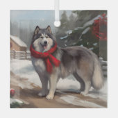 Alaskan Malamute Hond in Sneeuw Kerstmis Glas Ornament (Voorkant)