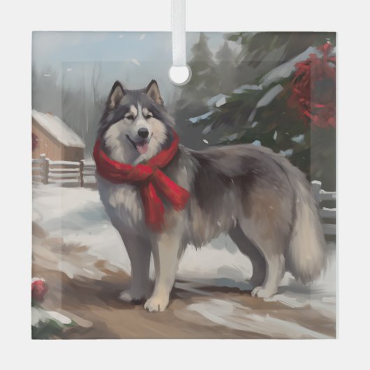 Alaskan Malamute Hond in Sneeuw Kerstmis Glas Ornament (Voorkant)