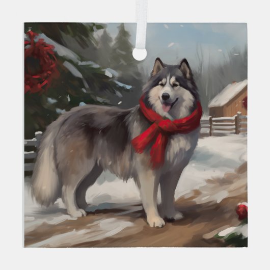 Alaskan Malamute Hond in Sneeuw Kerstmis Glas Ornament (Achterkant)