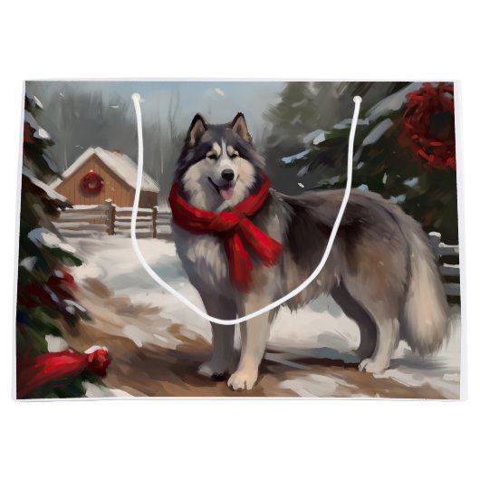 Alaskan Malamute Hond in Sneeuw Kerstmis Groot Cadeauzakje (Voorkant)