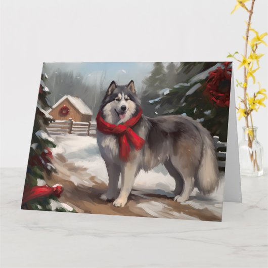 Alaskan Malamute Hond in Sneeuw Kerstmis Kaart (Gele Bloem)
