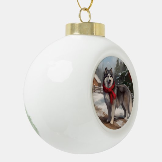 Alaskan Malamute Hond in Sneeuw Kerstmis Keramische Bal Ornament (Links)