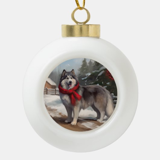 Alaskan Malamute Hond in Sneeuw Kerstmis Keramische Bal Ornament (Voorkant)