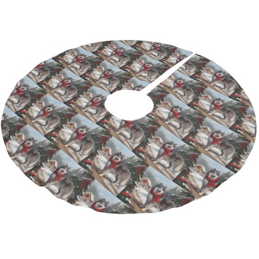 Alaskan Malamute Hond in Sneeuw Kerstmis Kerstboom Rok (Gekanteld)