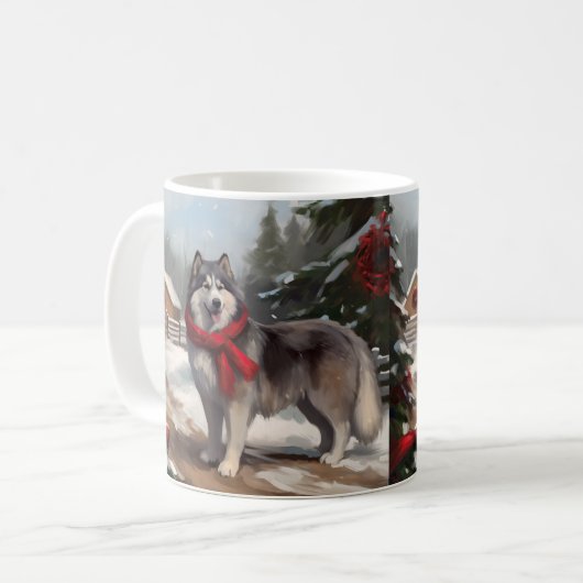 Alaskan Malamute Hond in Sneeuw Kerstmis Koffiemok (Voorkant links)