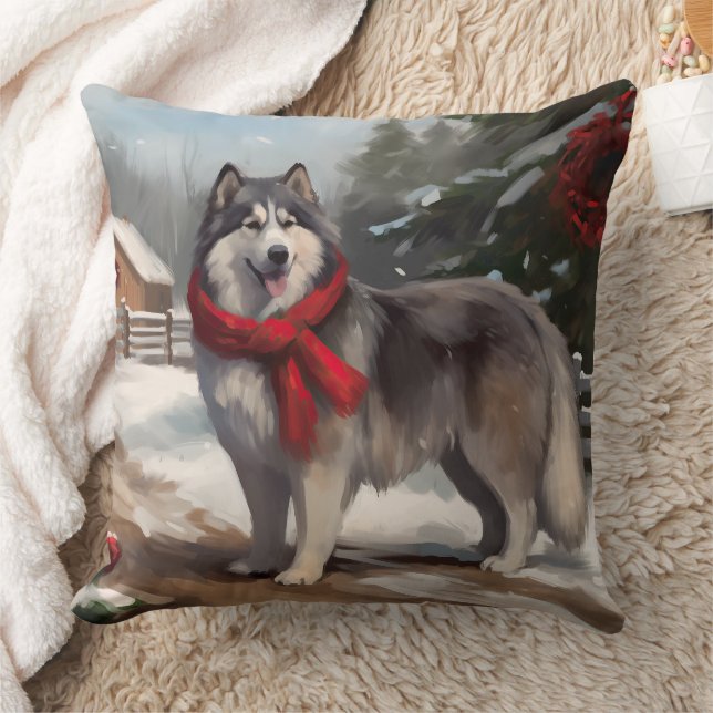 Alaskan Malamute Hond in Sneeuw Kerstmis Kussen (Deken)