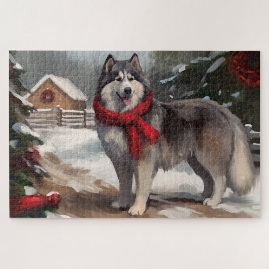Alaskan Malamute Hond in Sneeuw Kerstmis Legpuzzel (Horizontaal)