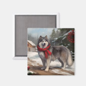 Alaskan Malamute Hond in Sneeuw Kerstmis Magneet (Voorkant / Achterkant)