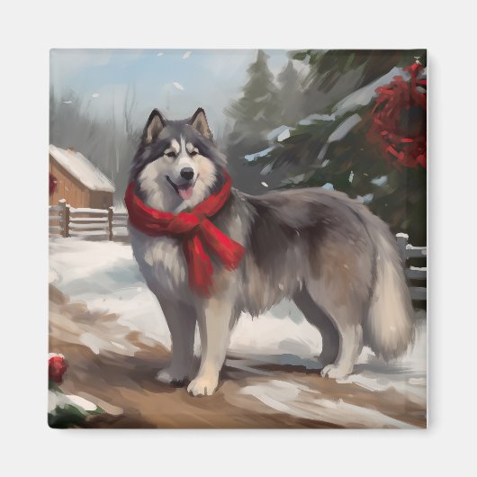 Alaskan Malamute Hond in Sneeuw Kerstmis Magneet (Voorkant)