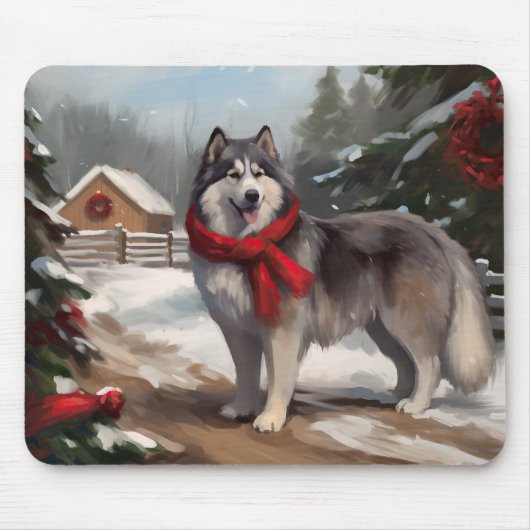 Alaskan Malamute Hond in Sneeuw Kerstmis Muismat (Voorkant)
