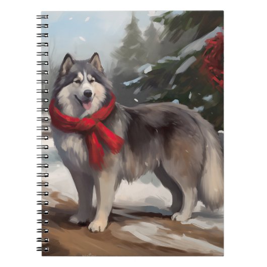 Alaskan Malamute Hond in Sneeuw Kerstmis Notitieboek (Voorkant)