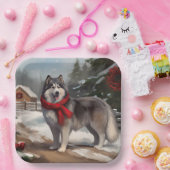 Alaskan Malamute Hond in Sneeuw Kerstmis Papieren Bordje (Feest)