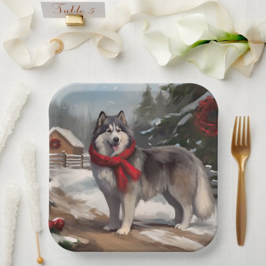 Alaskan Malamute Hond in Sneeuw Kerstmis Papieren Bordje (Huwelijk)