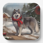 Alaskan Malamute Hond in Sneeuw Kerstmis Papieren Bordje (Voorkant)