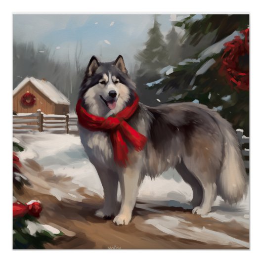 Alaskan Malamute Hond in Sneeuw Kerstmis Perfect Poster (Voorkant)