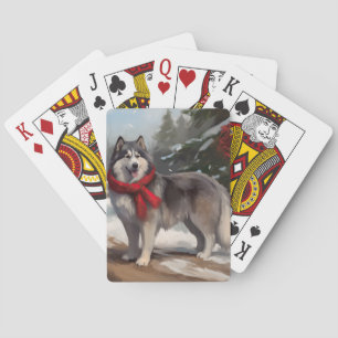 Alaskan Malamute Hond in Sneeuw Kerstmis Pokerkaarten