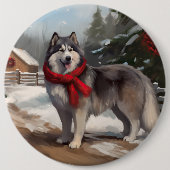 Alaskan Malamute Hond in Sneeuw Kerstmis Ronde Button 6,0 Cm (Voorkant)