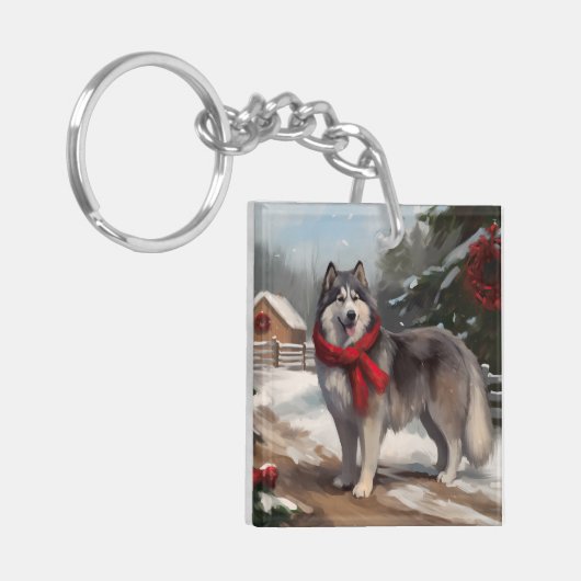 Alaskan Malamute Hond in Sneeuw Kerstmis Sleutelhanger (Voorkant Links)
